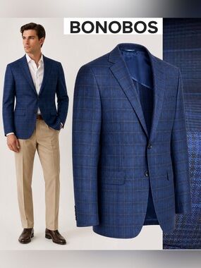 Bonobos Slim Navy Blue Windowpane Blazer Mens 40R Wool Coat Jacket Unconstructed